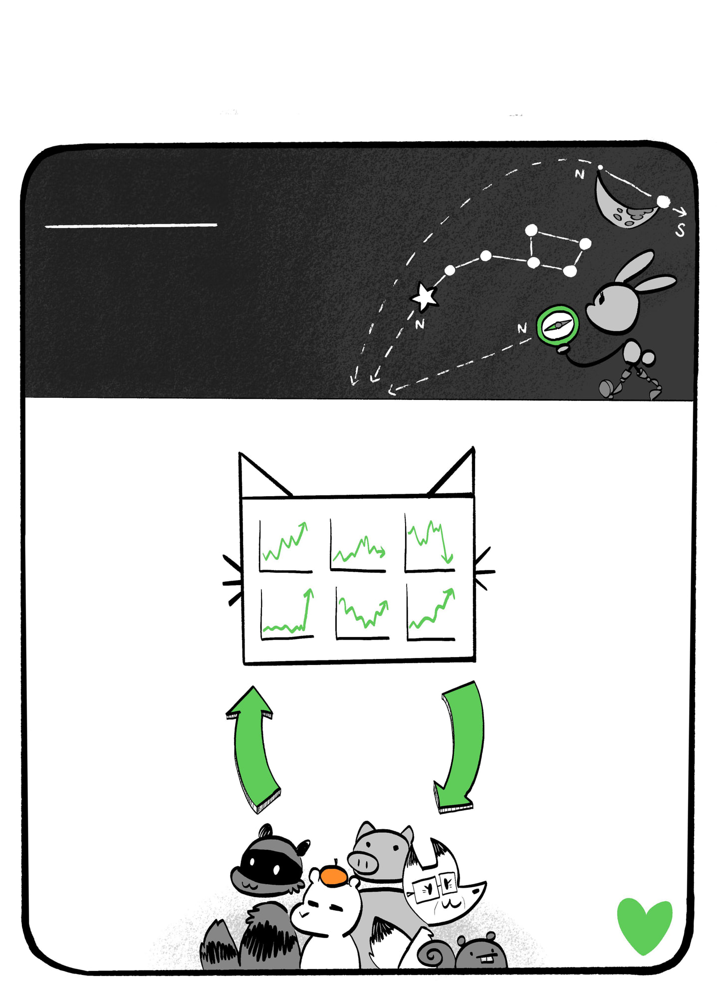 Hand-lettered comic page headed 'NOT: metrics that mislead us, BUT: metrics made by us, for us — SOLUTION': three steps — measure what we actually care about, measure it in multiple ways, and re-evaluate metrics often — illustrated with Weval.org, a public collection of AI-chatbot evaluations measuring values like honesty, cultural fluency, conflict resolution and mental-health best practices, with green 'BY US' and 'FOR US' arrows rising above a crowd of animal characters.