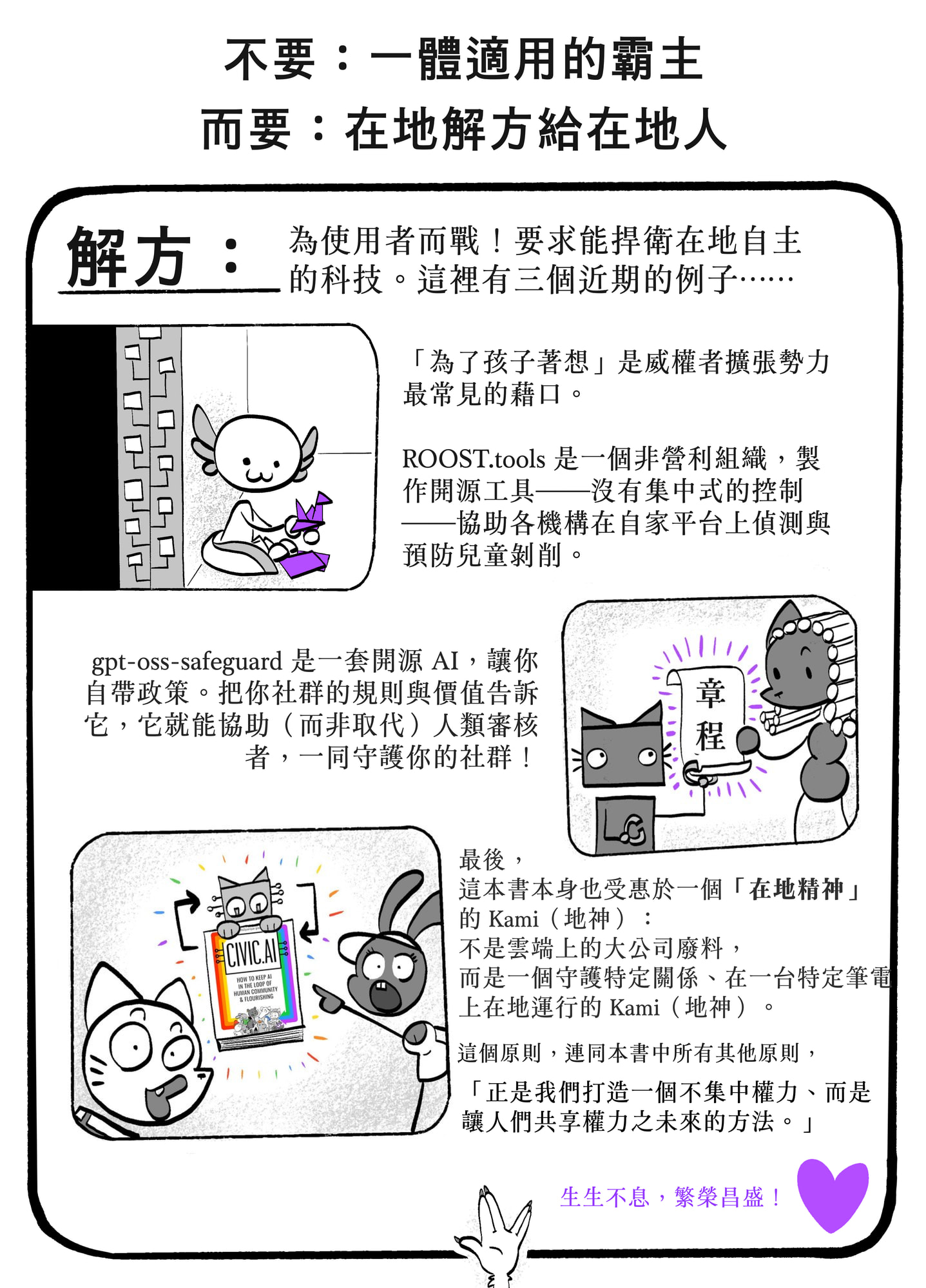 手繪漫畫頁,標題為「不要:一體適用的霸主/而要:在地解方給在地人——SOLUTION」,呼籲「為使用者而戰」,並舉三個近期例子——非營利組織 ROOST.tools 製作沒有集中控制的開源工具,協助偵測與預防兒童剝削;開源的 gpt-oss-safeguard 讓社群自帶政策,協助而非取代人類審核者;以及這本書本身,由一個守護特定關係、在一台特定筆電上在地運行的「地方之靈」Kami(地神)所輔助——結語說分享權力而非集中權力,正是我們打造未來的方法。